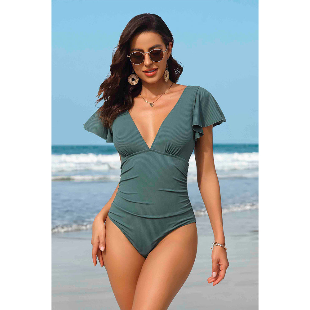 Charmo Women's Ruffled Flutter Sleeve Deep V Neck Backless One Piece Swimsuit Tummy Control Bathing Suit