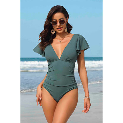 Charmo Women's Ruffled Flutter Sleeve Deep V Neck Backless One Piece Swimsuit Tummy Control Bathing Suit