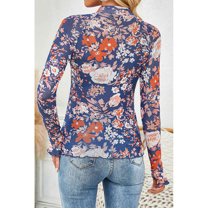 Attraco Women's Floral Print Mock Neck Long Sleeve Sheer Mesh Tops Spring Shirt