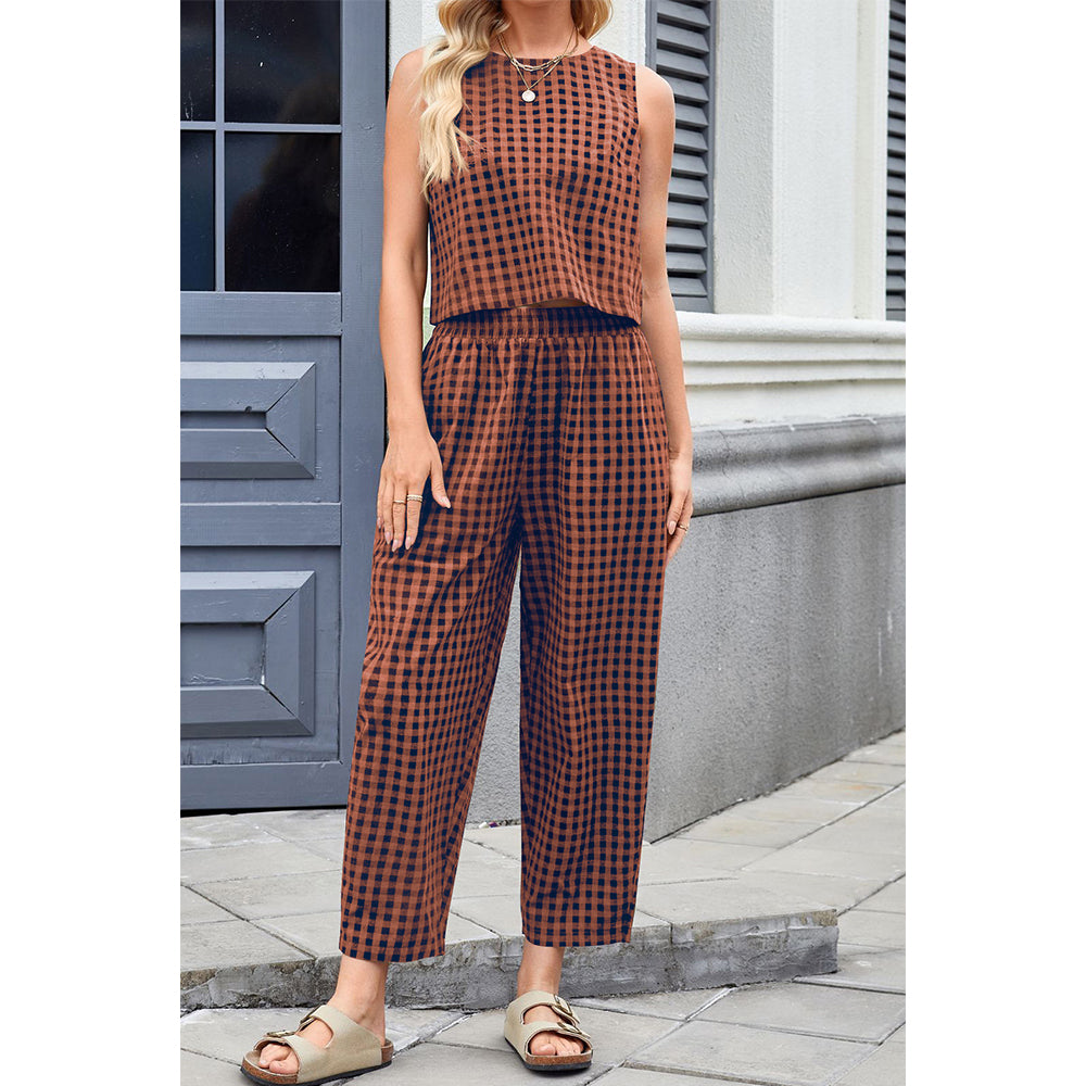 Attraco Women Sleeveless Cropped Top 2 Piece Gingham Loungewear Set Elastic Waist Pocket Wide Leg Cropped Pants Sets