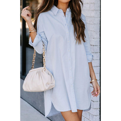 Attraco Women's Long Sleeve Button Front Midi Shirt Dress with Side Slits and Side Pockets