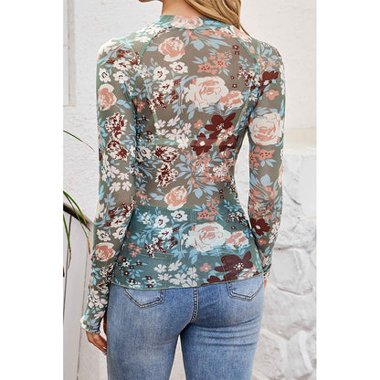 Attraco Women's Floral Print Mock Neck Long Sleeve Sheer Mesh Tops Spring Shirt