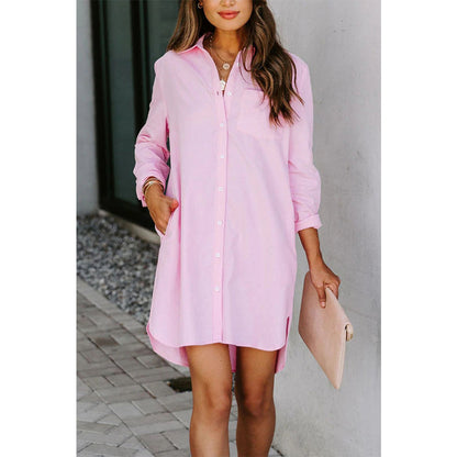 Attraco Women's Long Sleeve Button Front Midi Shirt Dress with Side Slits and Side Pockets