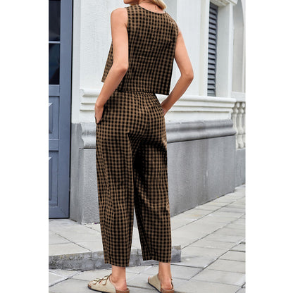 Attraco Women Sleeveless Cropped Top 2 Piece Gingham Loungewear Set Elastic Waist Pocket Wide Leg Cropped Pants Sets
