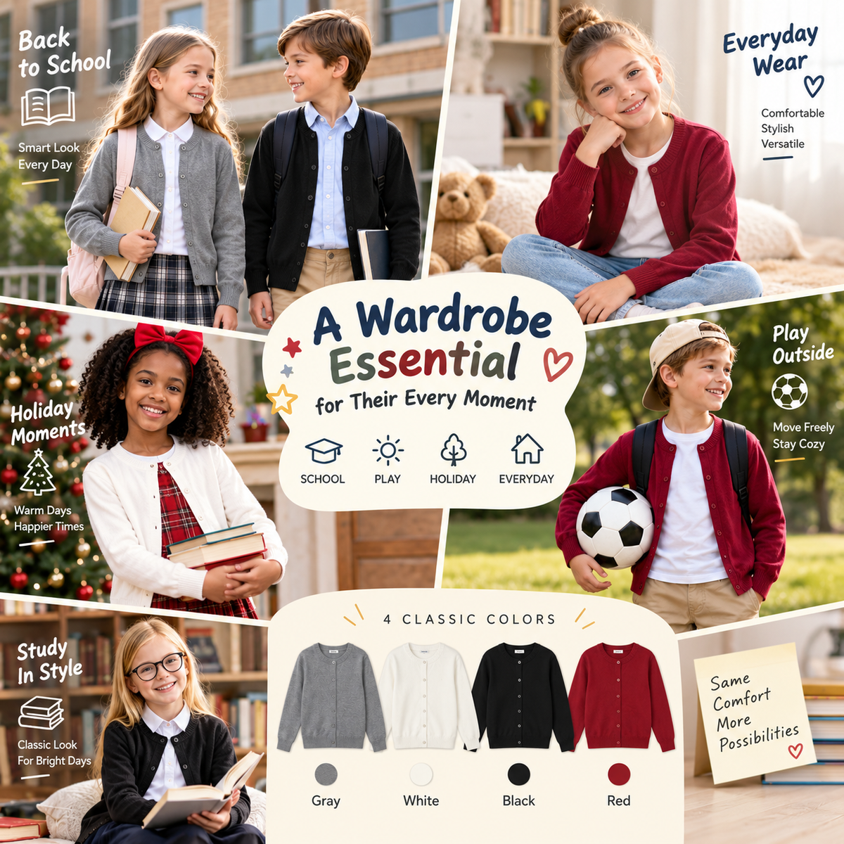 Attraco Kids Girls 100% Cotton Button-Up Knit Cardigan Sweater, Long Sleeve Crewneck School Uniform for Boys & Girls 5-12Years