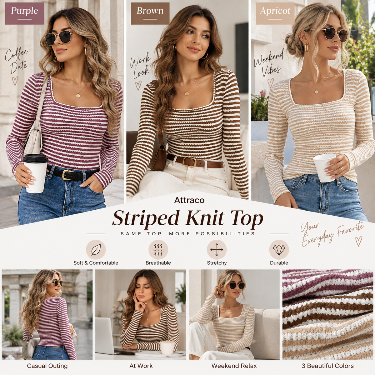 Attraco Women's Square Neck Ribbed Knit Sweater Long Sleeve Striped Pullover Slim Fit Casual Lightweight Top