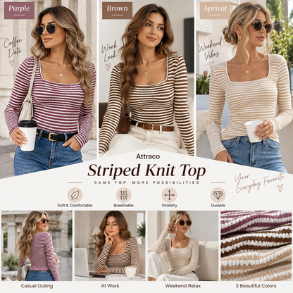 Attraco Women's Square Neck Ribbed Knit Sweater Long Sleeve Striped Pullover Slim Fit Casual Lightweight Top