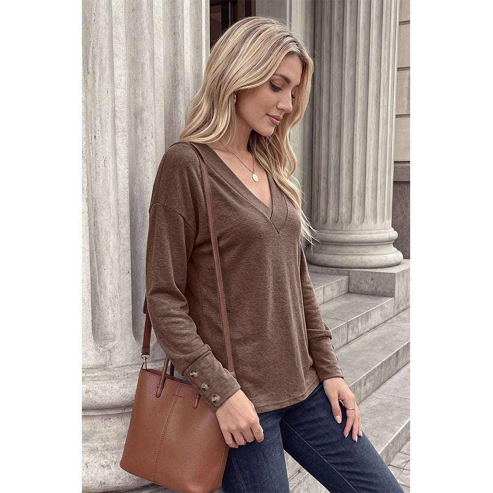 Attraco Women's Brushed V-Neck Long Sleeve Knit Top with Button Cuff Detail