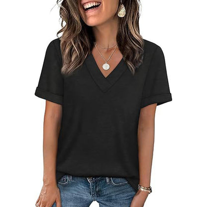 Attraco Women's V-Neck Rolled Cuff Short Sleeve Loose Fit Casual T-Shirt Summer Tops