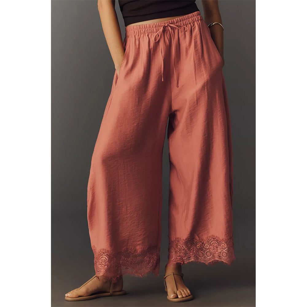 Attraco Women Elastic Drawstring High Waist Wide Leg Cropped Pants with Side Pockets and Lace Hem