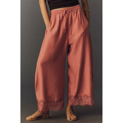 Attraco Women Elastic Drawstring High Waist Wide Leg Cropped Pants with Side Pockets and Lace Hem
