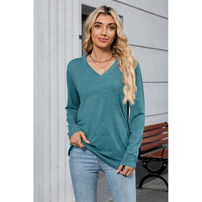 Attraco Women's Long Sleeve V Neck Tunic Top Soft Stretch Casual Shirt with Side Ruched Detail