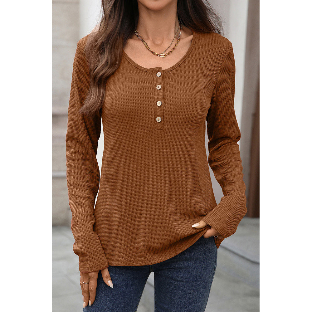 Attraco Women's Long Sleeve Henley Top Textured Knit Casual Shirt with Button Front