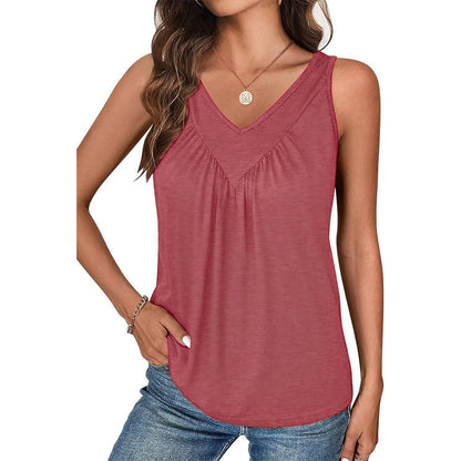 Attraco Women's V-Neck Sleeveless Tank Top with Ruched Bust and Curved Hem Summer Shirt