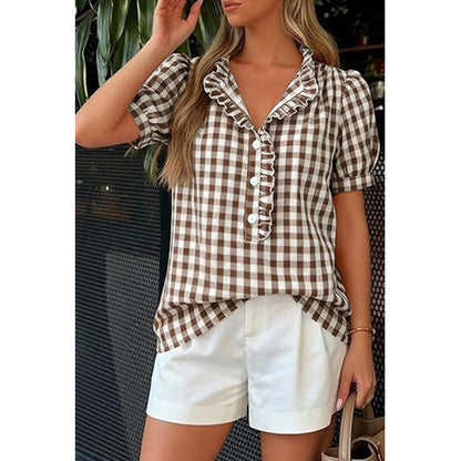 Attraco Womens Puff Short Sleeve Summer Tops Striped Plaid Ruffle V Neck Button Down Shirts Business Casual Work Blouses