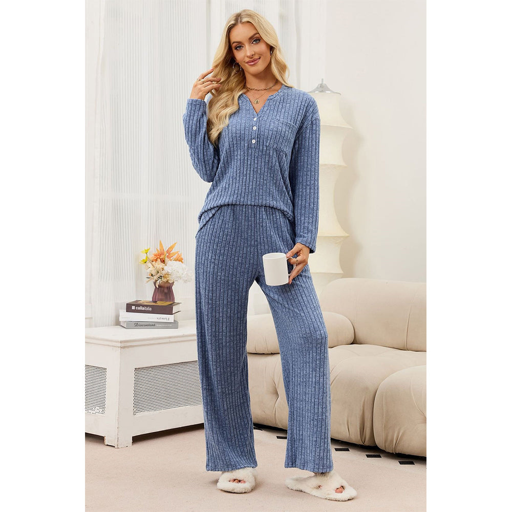 Attraco Women's Ribbed Pajama Set 2 Piece Lounge Set Long Sleeve Henley Top Wide Leg Pants Soft Knit Sleepwear