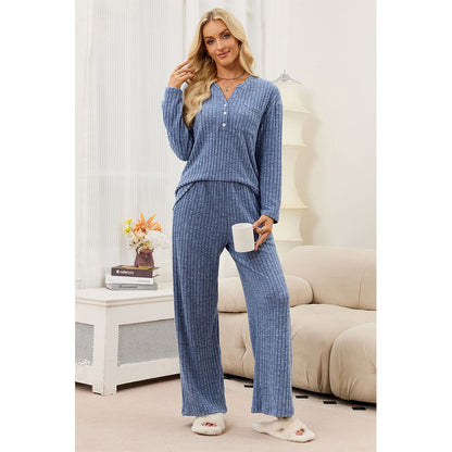 Attraco Women's Ribbed Pajama Set 2 Piece Lounge Set Long Sleeve Henley Top Wide Leg Pants Soft Knit Sleepwear