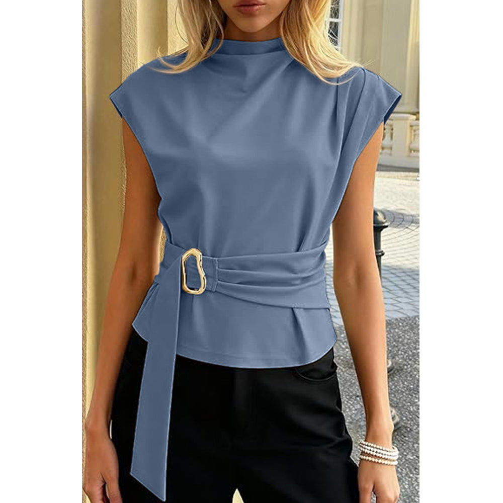 Attraco Women's High Neck Cap Sleeve Belted Blouse with Gold Buckle Business Casual Tops