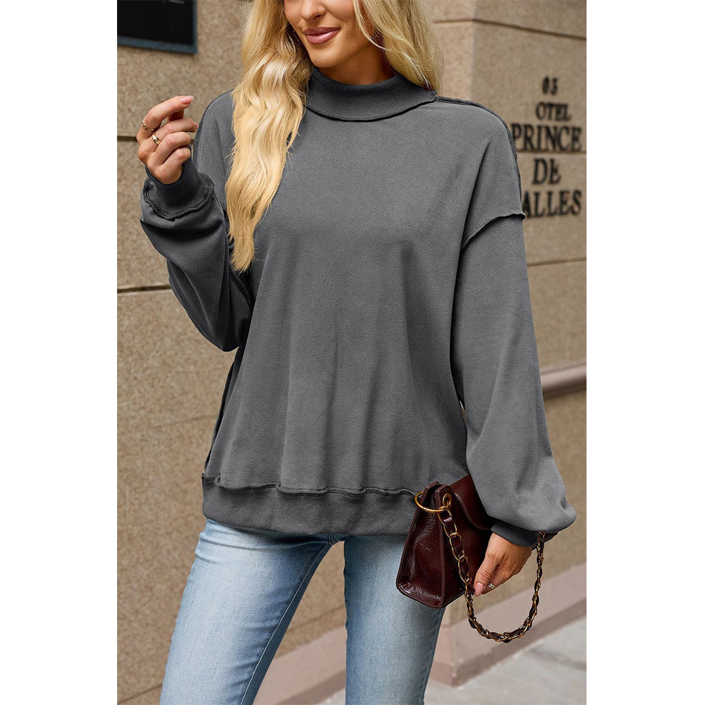 Attraco Women's Mock Neck Drop Shoulder Exposed Seam Long Sleeve Sweatshirt Pullover
