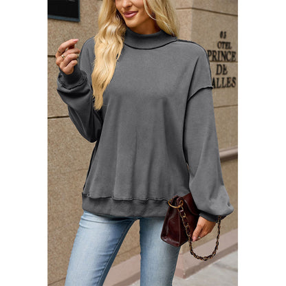 Attraco Women's Mock Neck Drop Shoulder Exposed Seam Long Sleeve Sweatshirt Pullover
