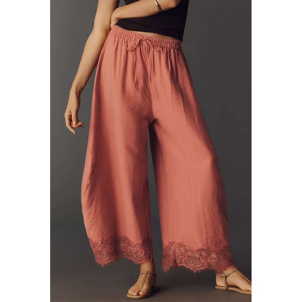 Attraco Women Elastic Drawstring High Waist Wide Leg Cropped Pants with Side Pockets and Lace Hem