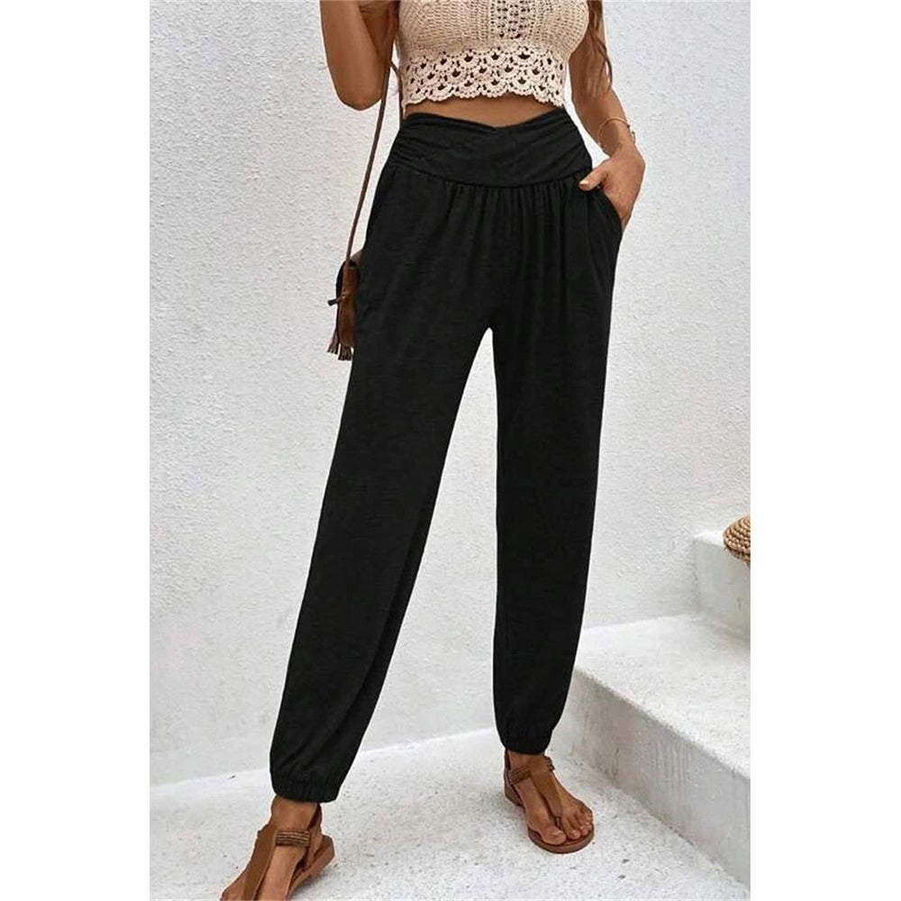 Attraco Women Cross Wrap High Waist Jogger Pants with Side Pockets Loungewear Trousers