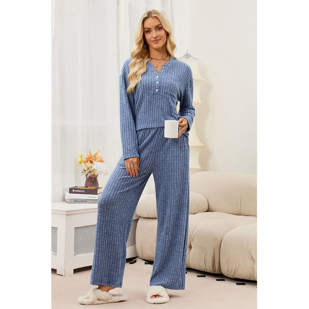 Attraco Women's Ribbed Pajama Set 2 Piece Lounge Set Long Sleeve Henley Top Wide Leg Pants Soft Knit Sleepwear