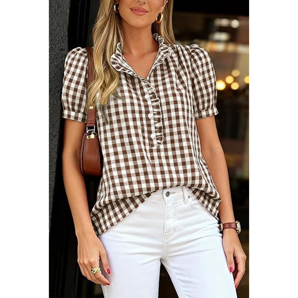 Attraco Womens Puff Short Sleeve Summer Tops Striped Plaid Ruffle V Neck Button Down Shirts Business Casual Work Blouses