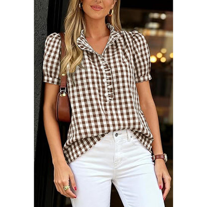 Attraco Womens Puff Short Sleeve Summer Tops Striped Plaid Ruffle V Neck Button Down Shirts Business Casual Work Blouses