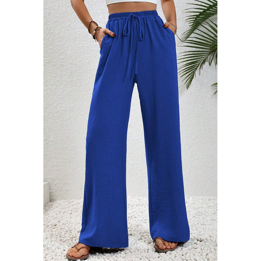 Attraco Women Elastic Drawstring High Waist Wide Leg Pants with Side Pockets