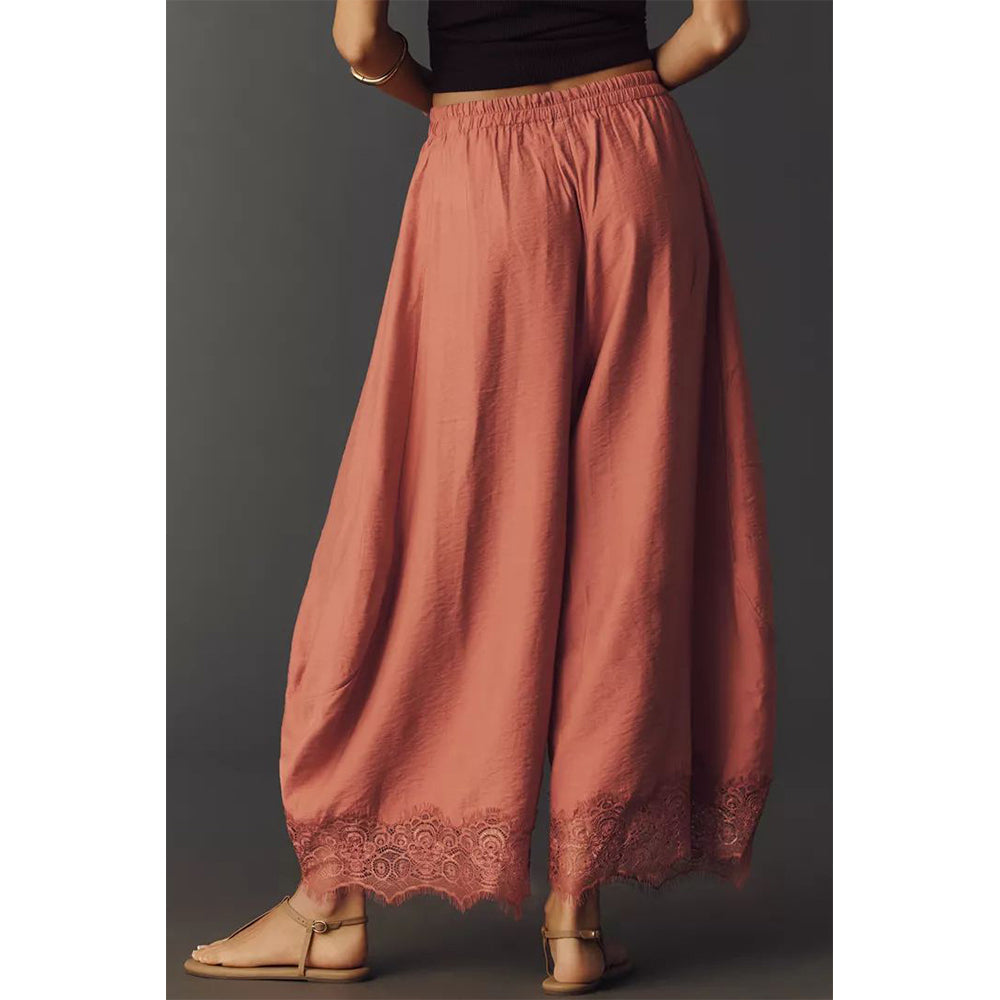 Attraco Women Elastic Drawstring High Waist Wide Leg Cropped Pants with Side Pockets and Lace Hem