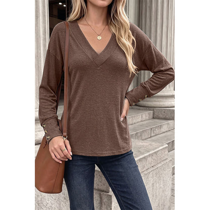 Attraco Women's Brushed V-Neck Long Sleeve Knit Top with Button Cuff Detail
