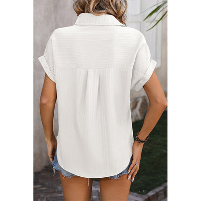 Attraco Women's Collared Short Sleeve Button Down Shirt with Textured Stripe and Back Pleat Blouse