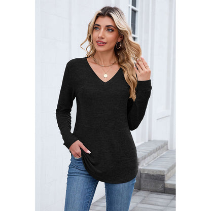 Attraco Women's Long Sleeve V Neck Top Soft Stretch Casual Pullover Shirt with Curved Hem