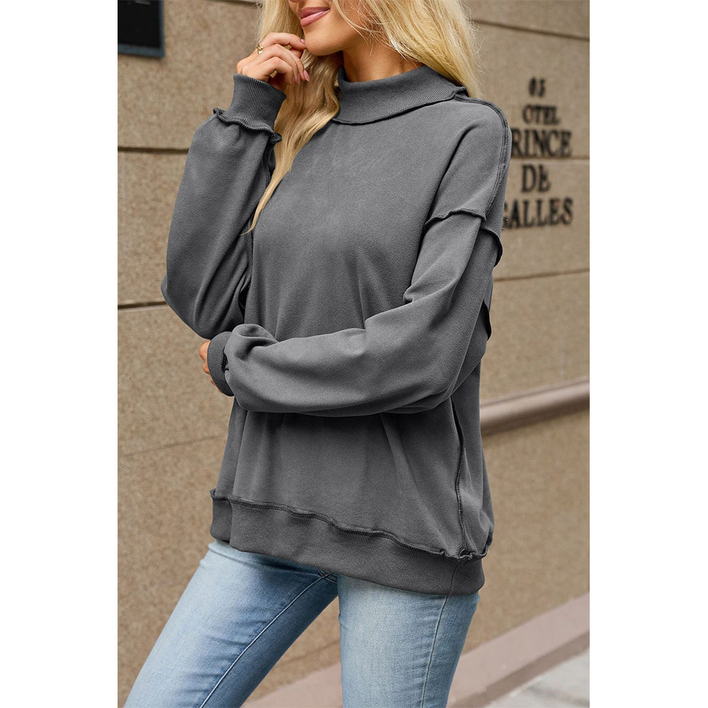 Attraco Women's Mock Neck Drop Shoulder Exposed Seam Long Sleeve Sweatshirt Pullover