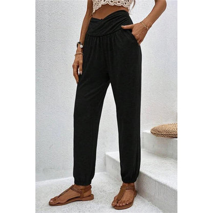 Attraco Women Cross Wrap High Waist Jogger Pants with Side Pockets Loungewear Trousers