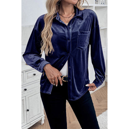 V For City Women's Velvet Collared Lantern Sleeve Button Down Shirts