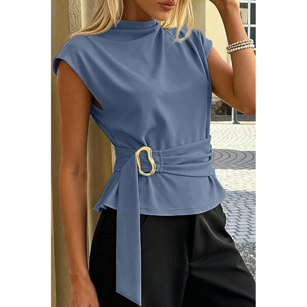Attraco Women's High Neck Cap Sleeve Belted Blouse with Gold Buckle Business Casual Tops