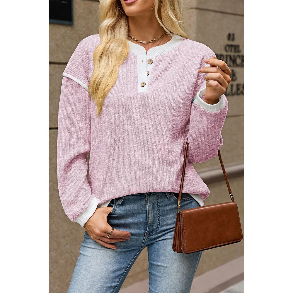 Attraco Women's Contrast Trim Henley Neck Long Sleeve Knit Top
