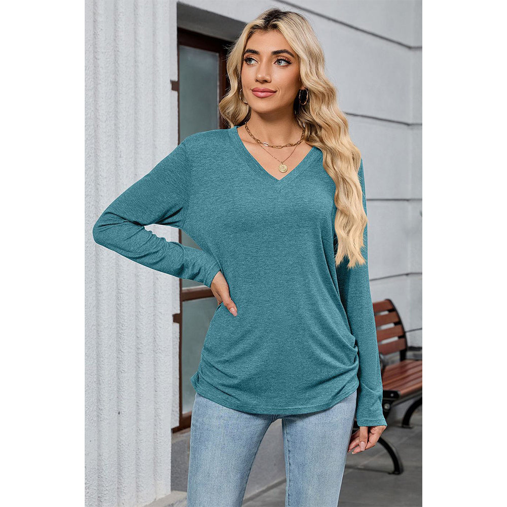 Attraco Women's Long Sleeve V Neck Tunic Top Soft Stretch Casual Shirt with Side Ruched Detail