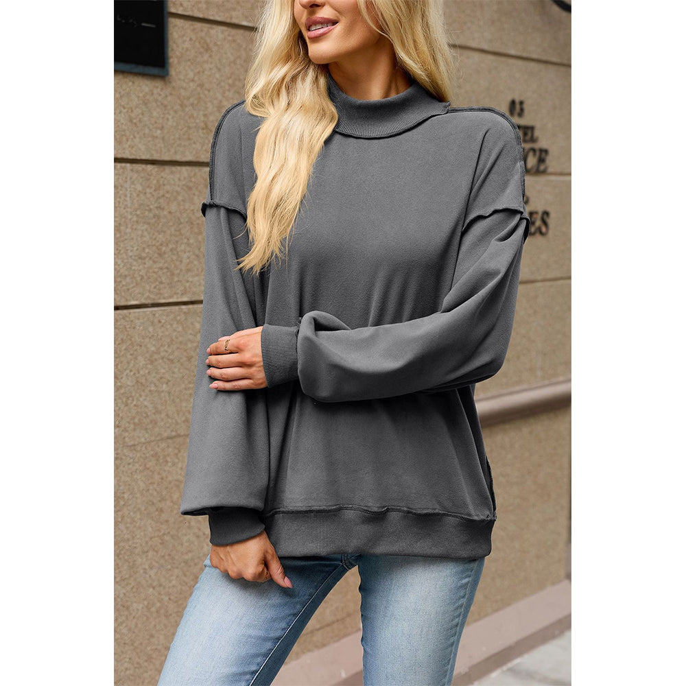 Attraco Women's Mock Neck Drop Shoulder Exposed Seam Long Sleeve Sweatshirt Pullover