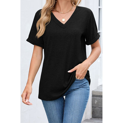 Attraco Women's V-Neck Rolled Cuff Short Sleeve Loose Fit Casual T-Shirt Summer Tops