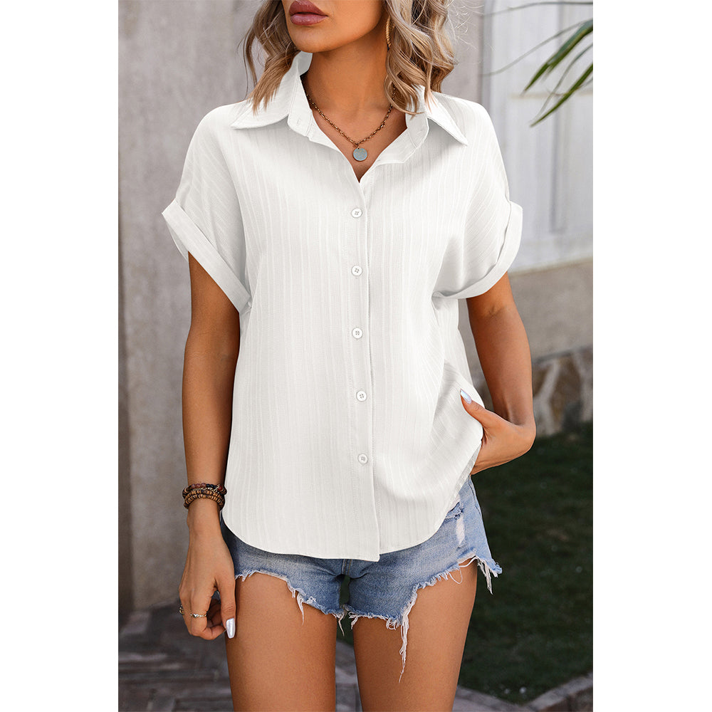 Attraco Women's Collared Short Sleeve Button Down Shirt with Textured Stripe and Back Pleat Blouse
