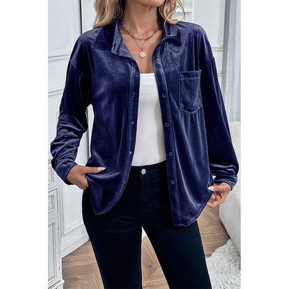 V For City Women's Velvet Collared Lantern Sleeve Button Down Shirts