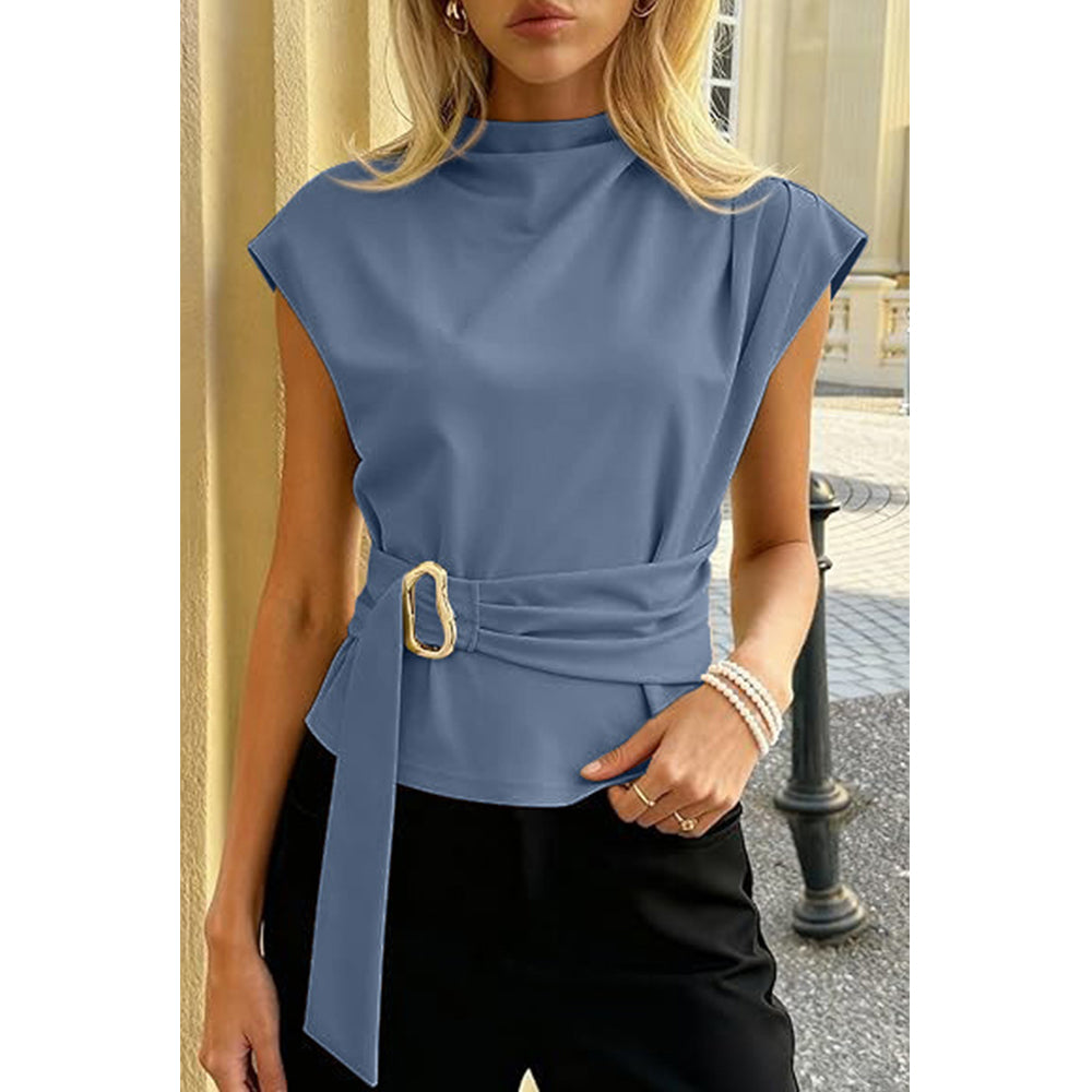 Attraco Women's High Neck Cap Sleeve Belted Blouse with Gold Buckle Business Casual Tops