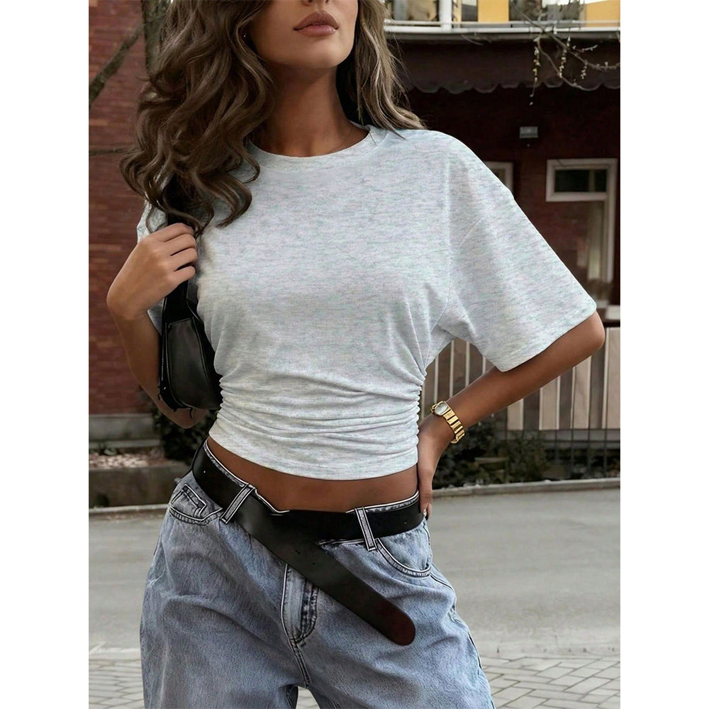 Attraco Women's Crew Neck Short Sleeve Side Ruched Cropped Casual T-Shirt Casual Summer Tops