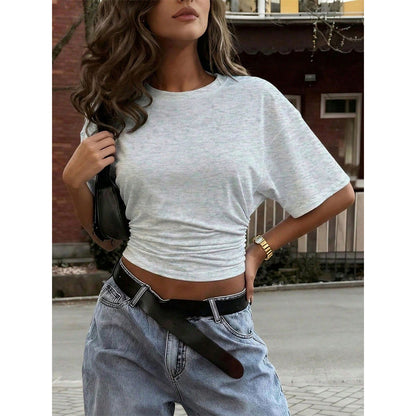Attraco Women's Crew Neck Short Sleeve Side Ruched Cropped Casual T-Shirt Casual Summer Tops