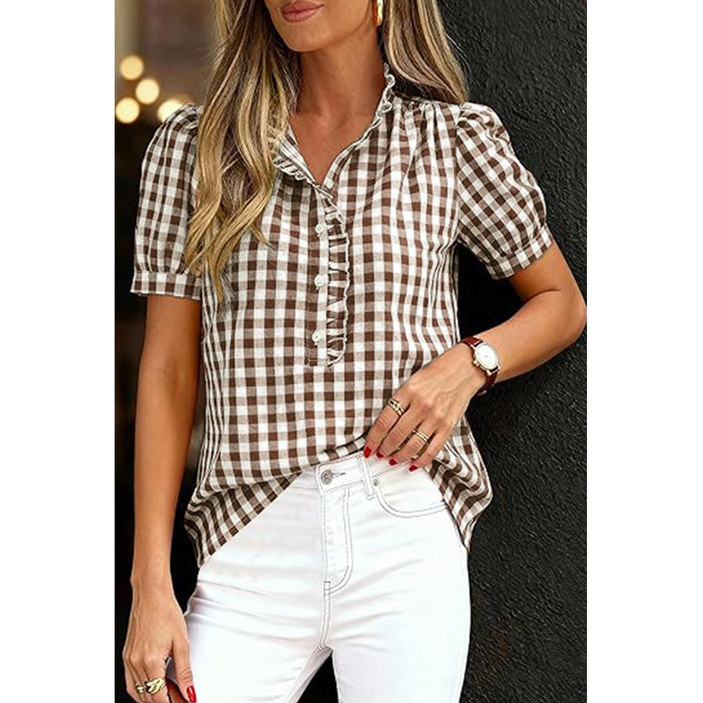 Attraco Womens Puff Short Sleeve Summer Tops Striped Plaid Ruffle V Neck Button Down Shirts Business Casual Work Blouses