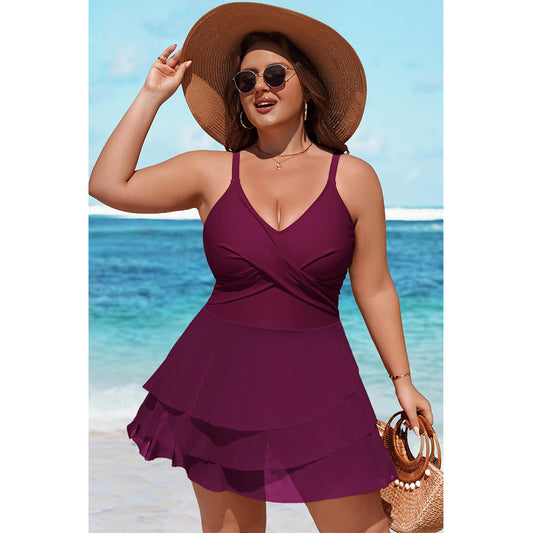 Charmo Women's Plus Size Swim Dress Swimsuit Mesh Ruffle One Piece Tummy Control Bathing Suit Front Cross Swim Suits