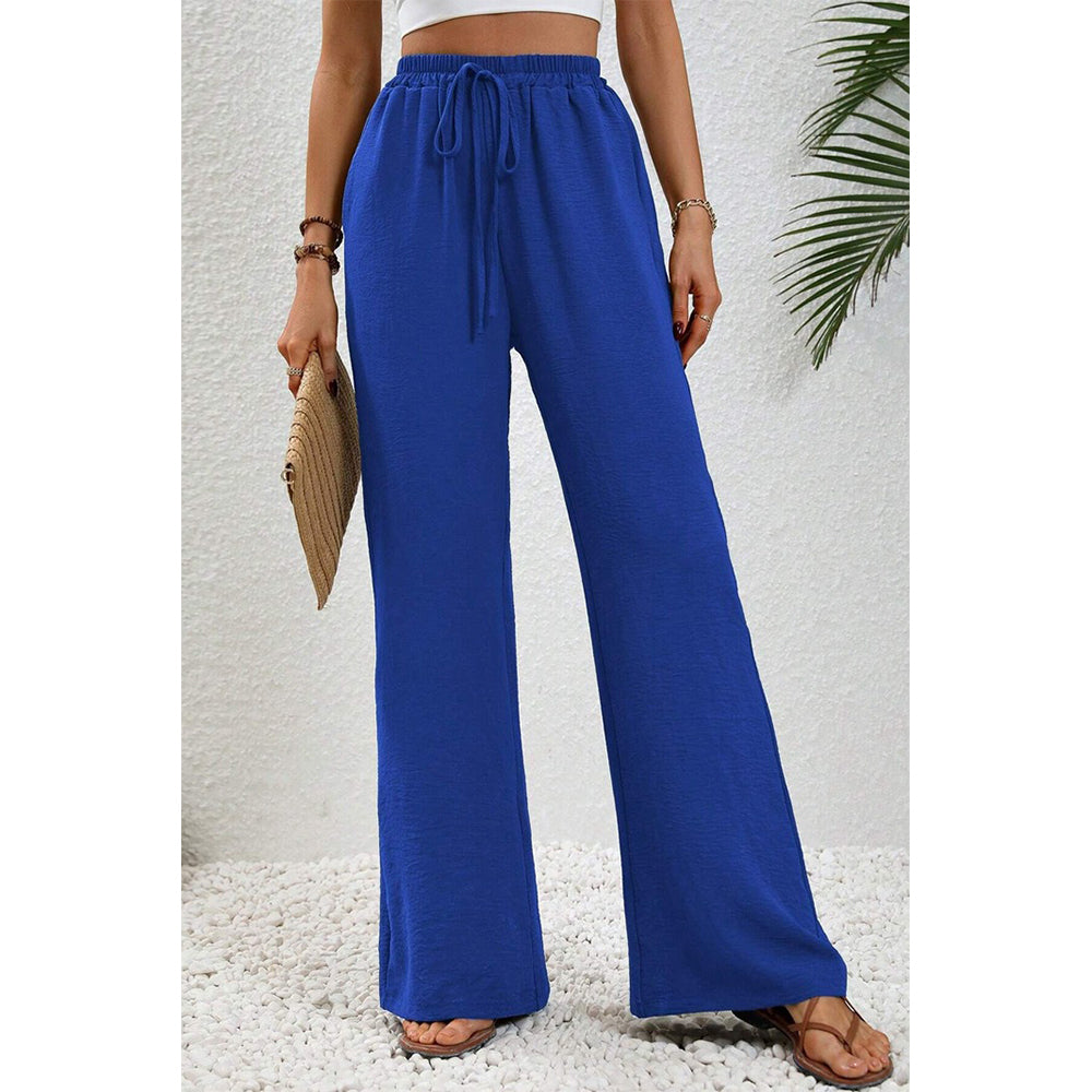 Attraco Women Elastic Drawstring High Waist Wide Leg Pants with Side Pockets
